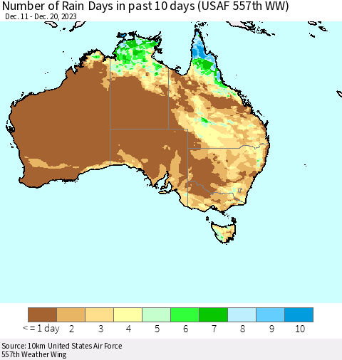 Australia Number of Rain Days in past 10 days (USAF 557th WW) Thematic Map For 12/16/2023 - 12/20/2023