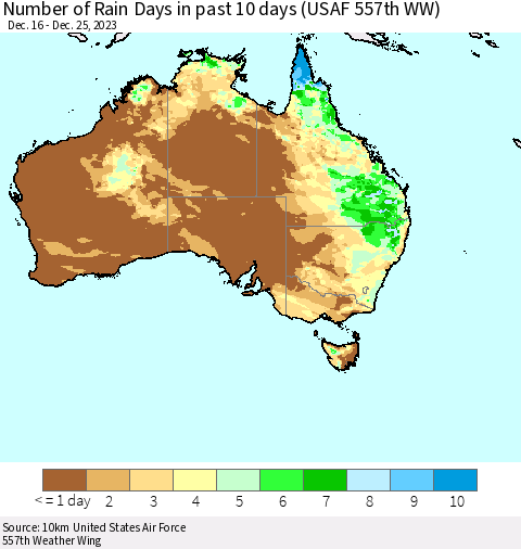 Australia Number of Rain Days in past 10 days (USAF 557th WW) Thematic Map For 12/21/2023 - 12/25/2023