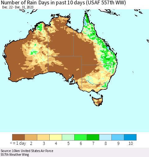 Australia Number of Rain Days in past 10 days (USAF 557th WW) Thematic Map For 12/26/2023 - 12/31/2023
