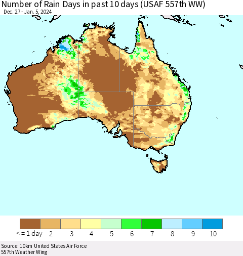 Australia Number of Rain Days in past 10 days (USAF 557th WW) Thematic Map For 1/1/2024 - 1/5/2024