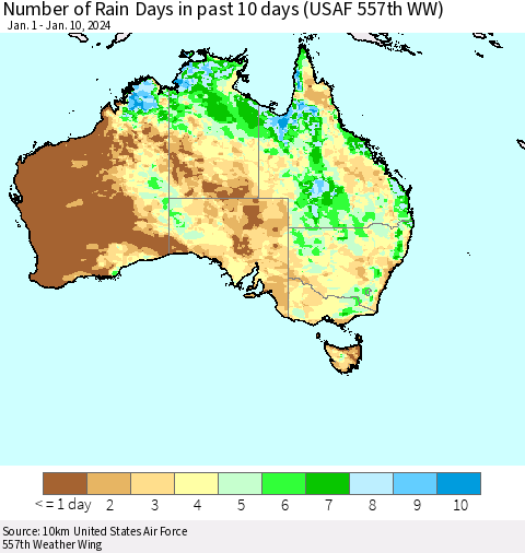 Australia Number of Rain Days in past 10 days (USAF 557th WW) Thematic Map For 1/6/2024 - 1/10/2024