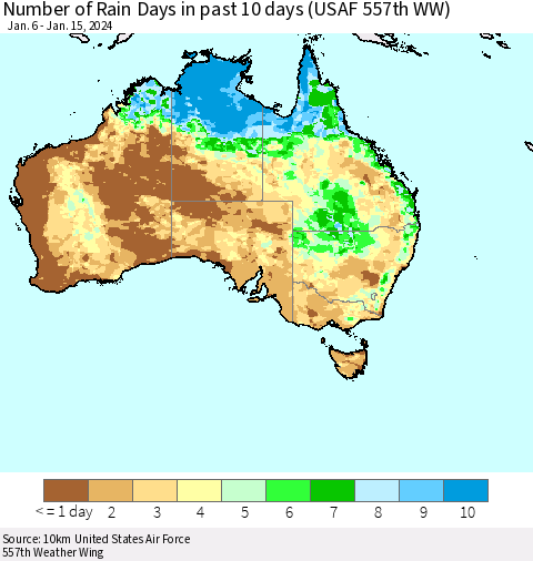 Australia Number of Rain Days in past 10 days (USAF 557th WW) Thematic Map For 1/11/2024 - 1/15/2024