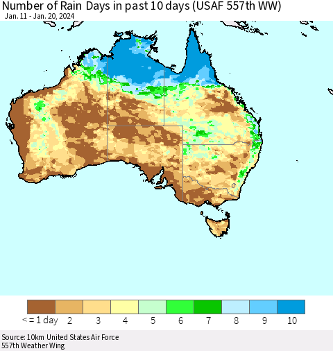 Australia Number of Rain Days in past 10 days (USAF 557th WW) Thematic Map For 1/16/2024 - 1/20/2024