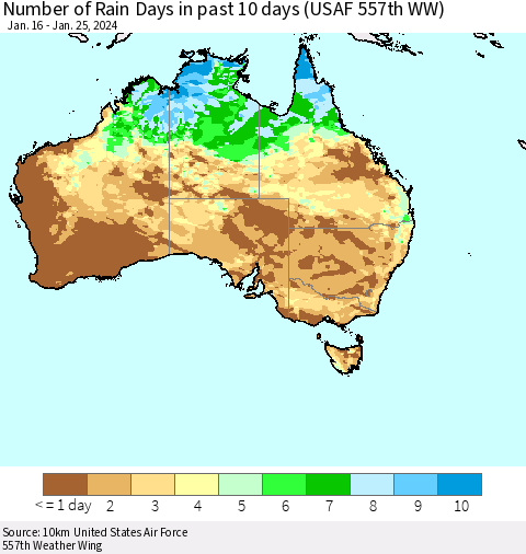 Australia Number of Rain Days in past 10 days (USAF 557th WW) Thematic Map For 1/21/2024 - 1/25/2024