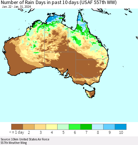 Australia Number of Rain Days in past 10 days (USAF 557th WW) Thematic Map For 1/26/2024 - 1/31/2024