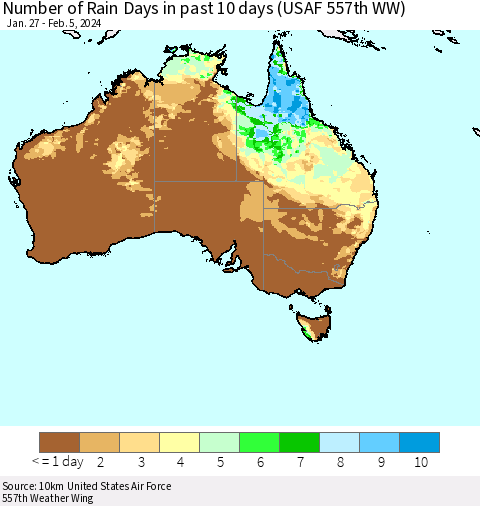 Australia Number of Rain Days in past 10 days (USAF 557th WW) Thematic Map For 2/1/2024 - 2/5/2024