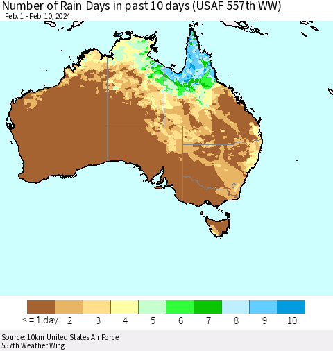 Australia Number of Rain Days in past 10 days (USAF 557th WW) Thematic Map For 2/6/2024 - 2/10/2024