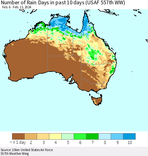 Australia Number of Rain Days in past 10 days (USAF 557th WW) Thematic Map For 2/11/2024 - 2/15/2024