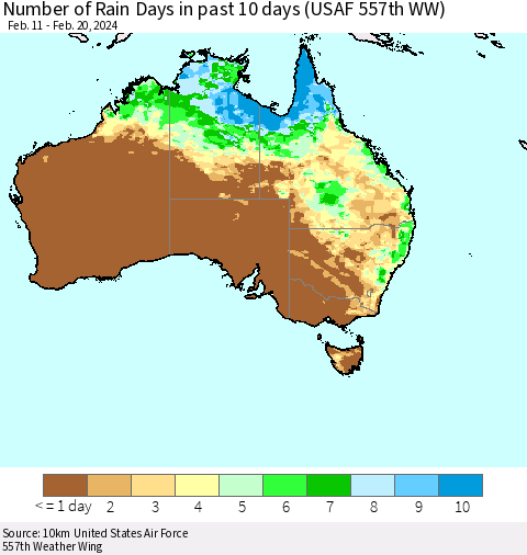 Australia Number of Rain Days in past 10 days (USAF 557th WW) Thematic Map For 2/16/2024 - 2/20/2024