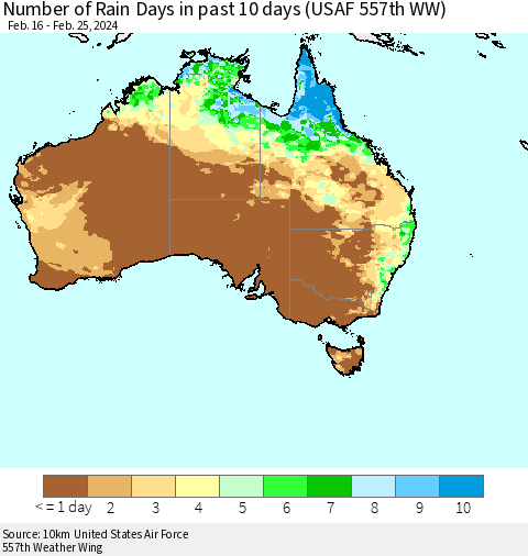 Australia Number of Rain Days in past 10 days (USAF 557th WW) Thematic Map For 2/21/2024 - 2/25/2024