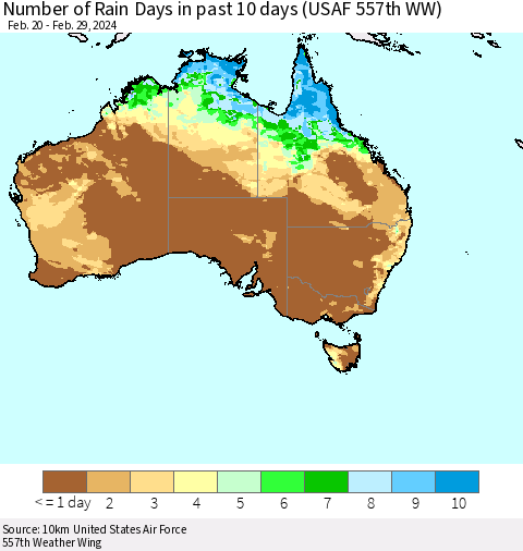 Australia Number of Rain Days in past 10 days (USAF 557th WW) Thematic Map For 2/26/2024 - 2/29/2024