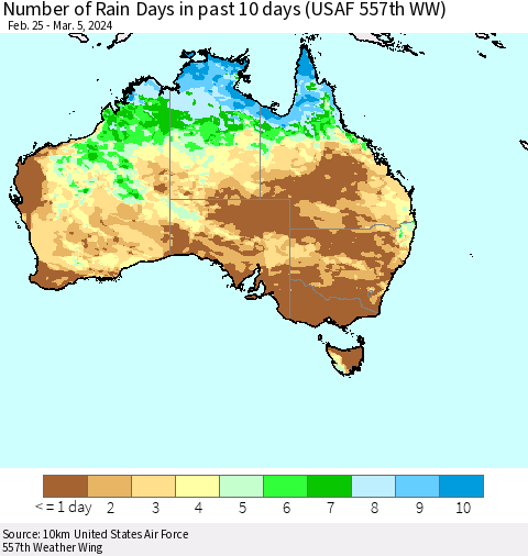 Australia Number of Rain Days in past 10 days (USAF 557th WW) Thematic Map For 3/1/2024 - 3/5/2024