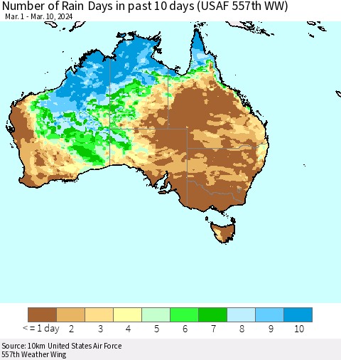 Australia Number of Rain Days in past 10 days (USAF 557th WW) Thematic Map For 3/6/2024 - 3/10/2024