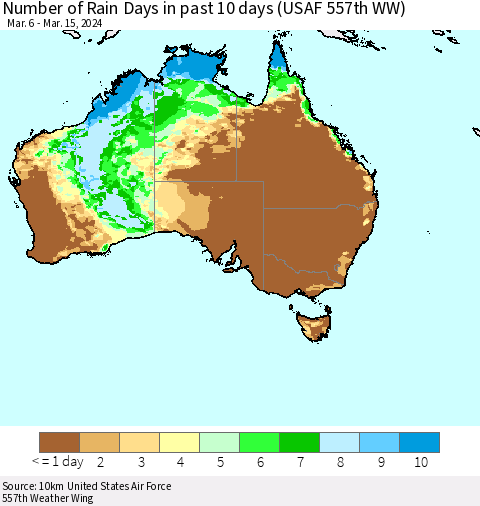 Australia Number of Rain Days in past 10 days (USAF 557th WW) Thematic Map For 3/11/2024 - 3/15/2024