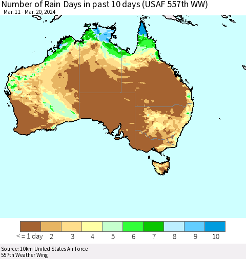 Australia Number of Rain Days in past 10 days (USAF 557th WW) Thematic Map For 3/16/2024 - 3/20/2024