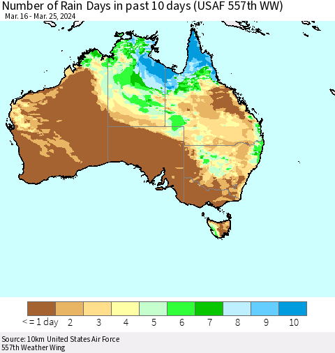 Australia Number of Rain Days in past 10 days (USAF 557th WW) Thematic Map For 3/21/2024 - 3/25/2024