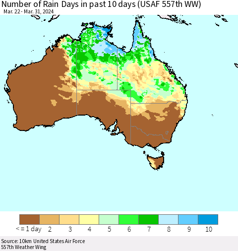 Australia Number of Rain Days in past 10 days (USAF 557th WW) Thematic Map For 3/26/2024 - 3/31/2024