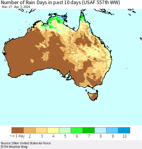 Australia Number of Rain Days in past 10 days (USAF 557th WW) Thematic Map For 4/1/2024 - 4/5/2024