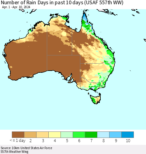 Australia Number of Rain Days in past 10 days (USAF 557th WW) Thematic Map For 4/6/2024 - 4/10/2024