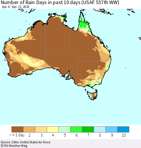 Australia Number of Rain Days in past 10 days (USAF 557th WW) Thematic Map For 4/11/2024 - 4/15/2024