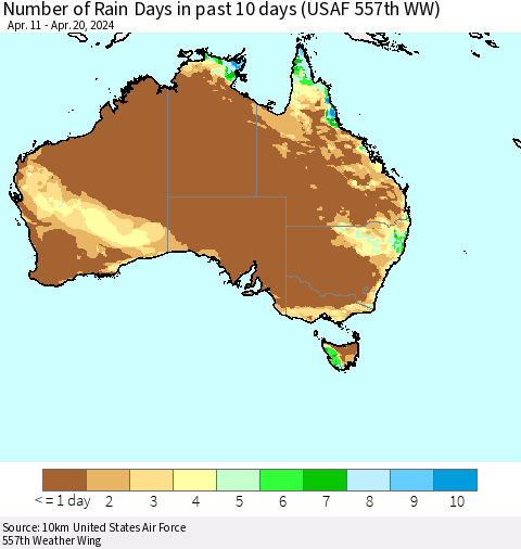 Australia Number of Rain Days in past 10 days (USAF 557th WW) Thematic Map For 4/16/2024 - 4/20/2024