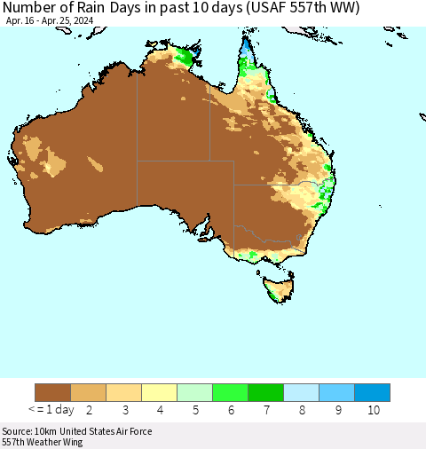 Australia Number of Rain Days in past 10 days (USAF 557th WW) Thematic Map For 4/21/2024 - 4/25/2024