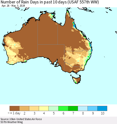 Australia Number of Rain Days in past 10 days (USAF 557th WW) Thematic Map For 5/1/2024 - 5/5/2024
