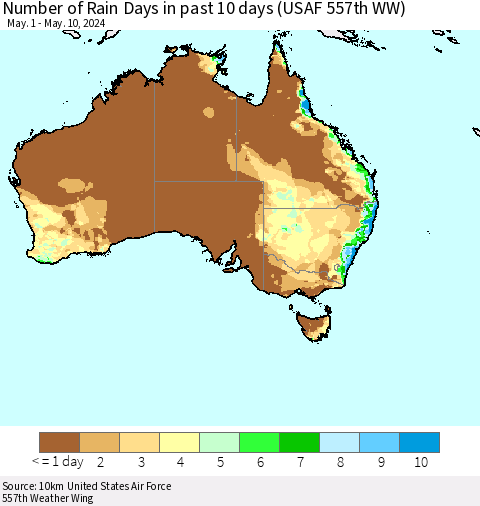 Australia Number of Rain Days in past 10 days (USAF 557th WW) Thematic Map For 5/6/2024 - 5/10/2024