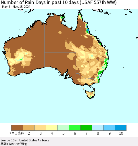 Australia Number of Rain Days in past 10 days (USAF 557th WW) Thematic Map For 5/11/2024 - 5/15/2024
