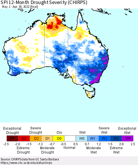Australia SPI 12-Month Drought Severity (CHIRPS) Thematic Map For 5/1/2021 - 4/30/2022