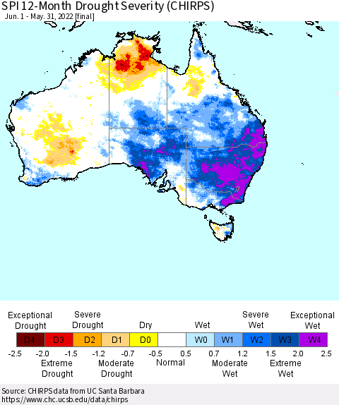 Australia SPI 12-Month Drought Severity (CHIRPS) Thematic Map For 6/1/2021 - 5/31/2022
