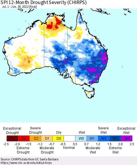 Australia SPI 12-Month Drought Severity (CHIRPS) Thematic Map For 7/1/2021 - 6/30/2022