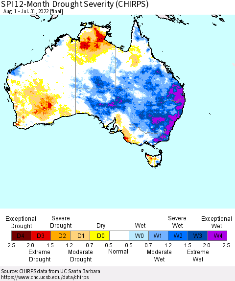 Australia SPI 12-Month Drought Severity (CHIRPS) Thematic Map For 8/1/2021 - 7/31/2022