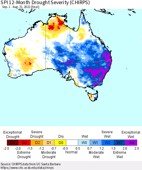 Australia SPI 12-Month Drought Severity (CHIRPS) Thematic Map For 9/1/2021 - 8/31/2022