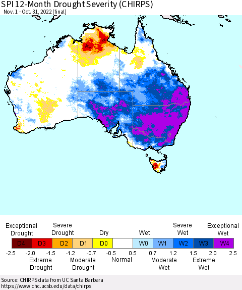 Australia SPI 12-Month Drought Severity (CHIRPS) Thematic Map For 11/1/2021 - 10/31/2022