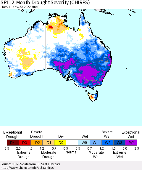 Australia SPI 12-Month Drought Severity (CHIRPS) Thematic Map For 12/1/2021 - 11/30/2022