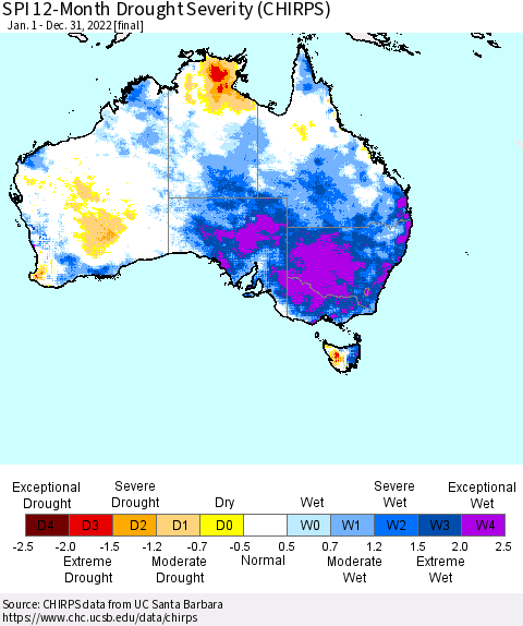 Australia SPI 12-Month Drought Severity (CHIRPS) Thematic Map For 1/1/2022 - 12/31/2022