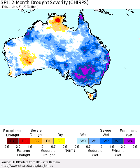 Australia SPI 12-Month Drought Severity (CHIRPS) Thematic Map For 2/1/2022 - 1/31/2023
