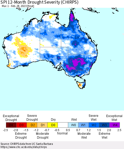 Australia SPI 12-Month Drought Severity (CHIRPS) Thematic Map For 3/1/2022 - 2/28/2023