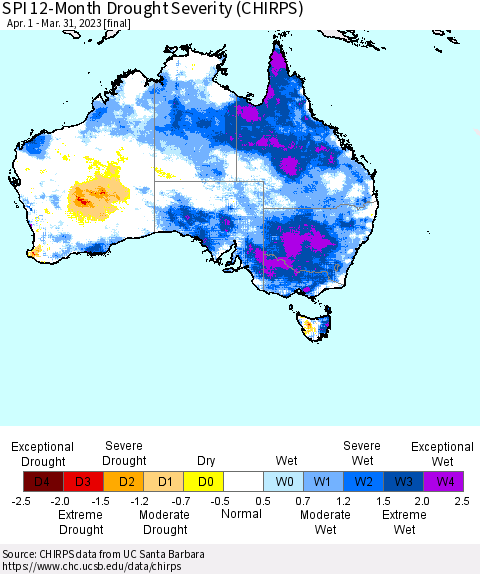 Australia SPI 12-Month Drought Severity (CHIRPS) Thematic Map For 4/1/2022 - 3/31/2023