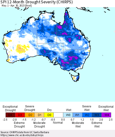 Australia SPI 12-Month Drought Severity (CHIRPS) Thematic Map For 5/1/2022 - 4/30/2023