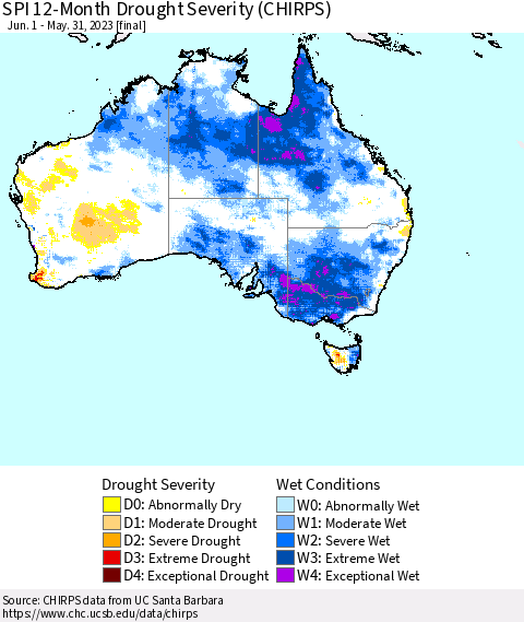 Australia SPI 12-Month Drought Severity (CHIRPS) Thematic Map For 6/1/2022 - 5/31/2023