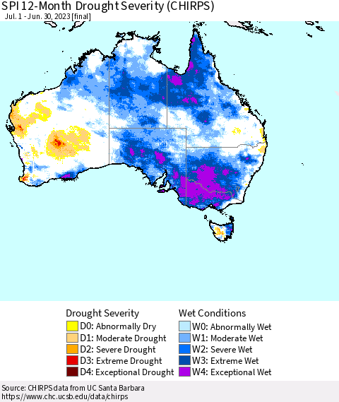 Australia SPI 12-Month Drought Severity (CHIRPS) Thematic Map For 7/1/2022 - 6/30/2023