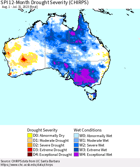 Australia SPI 12-Month Drought Severity (CHIRPS) Thematic Map For 8/1/2022 - 7/31/2023