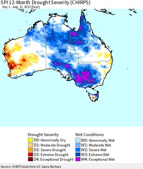 Australia SPI 12-Month Drought Severity (CHIRPS) Thematic Map For 9/1/2022 - 8/31/2023