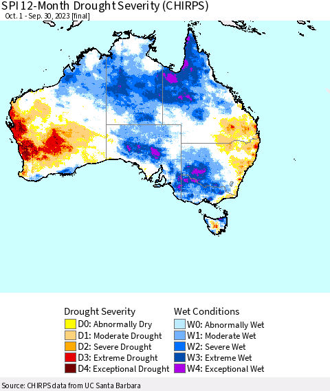Australia SPI 12-Month Drought Severity (CHIRPS) Thematic Map For 10/1/2022 - 9/30/2023