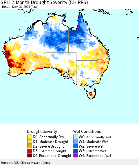 Australia SPI 12-Month Drought Severity (CHIRPS) Thematic Map For 12/1/2022 - 11/30/2023
