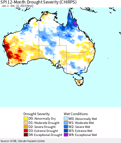 Australia SPI 12-Month Drought Severity (CHIRPS) Thematic Map For 1/1/2023 - 12/31/2023