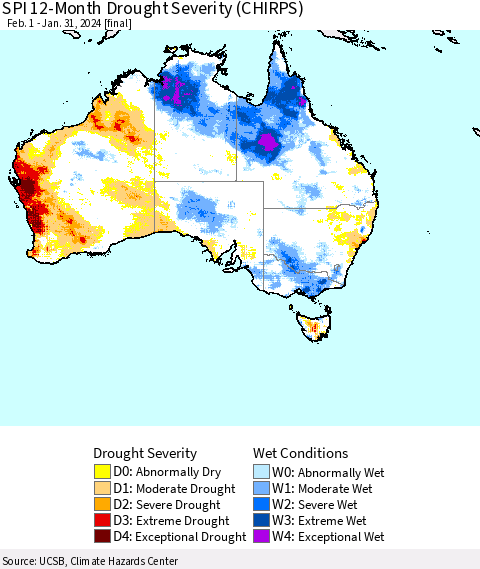 Australia SPI 12-Month Drought Severity (CHIRPS) Thematic Map For 2/1/2023 - 1/31/2024