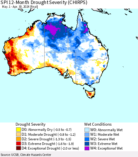 Australia SPI 12-Month Drought Severity (CHIRPS) Thematic Map For 5/1/2023 - 4/30/2024